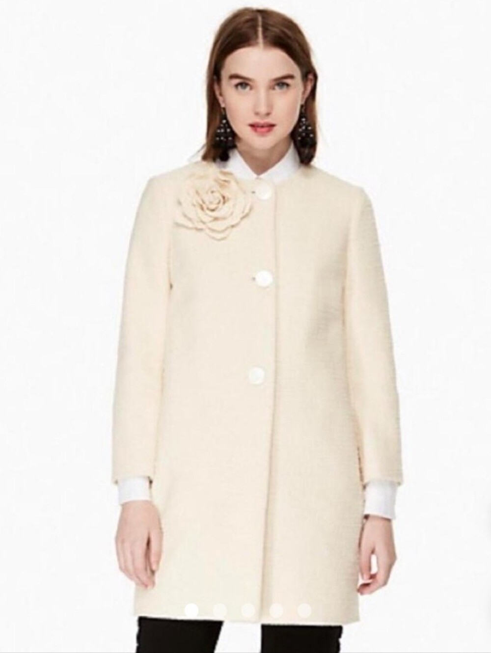 Kate Spade Cotton Boucle Tweed Textured Floral Corsage Knee Length Jacket Coat